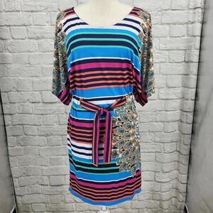 LAUNDRY BY SHELLI SEGAL Striped Peacock Belted Dress Sz XS